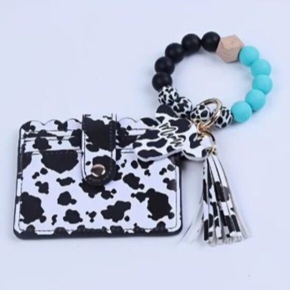 Cow Print with Turquoise Silicone Beaded‎  Tassel Keychain Wallet Wristlet NEW - Picture 1 of 3
